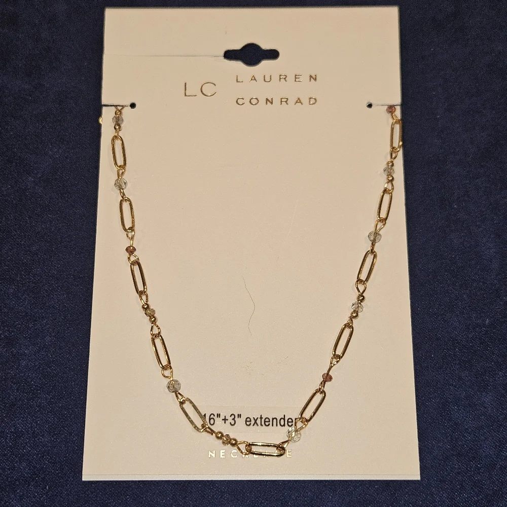 LC Lauren Conrad Gold Link Layering Necklace with Beaded Accents NWT